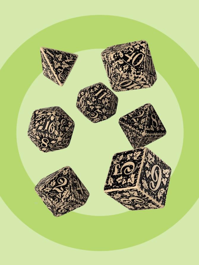 Dice: Q-Workshop - Forest - Poly Set, 3D (x7) - Beige/Black